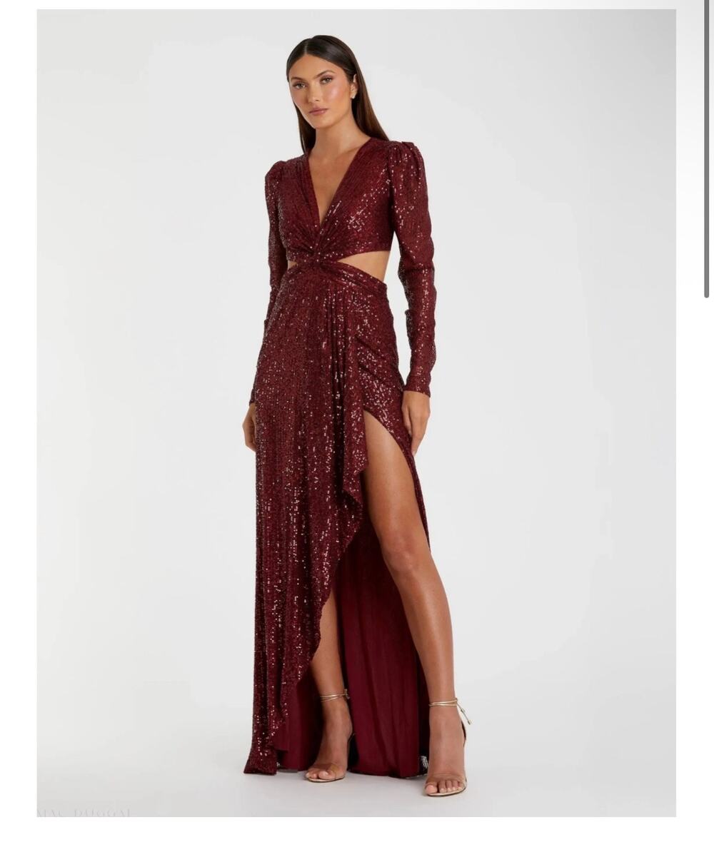 Mac Duggal Sequined Criss Cross Long Sleeve Gown 26739 wine red